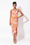 Buy_Rishi and Vibhuti_Orange Crepe Printed Floral And Stripe Halter Neck Sway Symphony Top With Skirt _at_Aza_Fashions