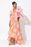 Buy_Rishi and Vibhuti_Orange Crepe Print Floral V-neck Carbie Chic Dress With Jacket _at_Aza_Fashions