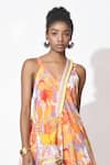 Rishi and Vibhuti_Orange Crepe Print Floral V-neck Caribe Chic Maxi Dress _Online_at_Aza_Fashions