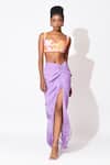 Buy_Rishi & Vibhuti_Orange Crepe Print Floral Sweetheart Neck Lavender Mist Top With Ruched Skirt_at_Aza_Fashions