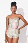 Rishi and Vibhuti_Pink Crepe Hand Embroidery Metallic Embellishment Seashore Corset With Shorts _at_Aza_Fashions