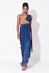 Buy_Rishi and Vibhuti_Blue Crepe Embroidery Sequins One Shoulder Fusion Flame Gown _at_Aza_Fashions