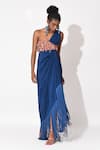 Rishi & Vibhuti_Blue Crepe Embroidery Sequins One Shoulder Fusion Flame Gown_Online_at_Aza_Fashions