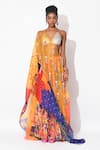 Rishi and Vibhuti_Multi Color Crepe Printed Floral V-neck Spectrum Hand Embroidered Lehenga Set _at_Aza_Fashions