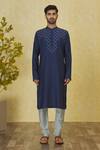 Priyanka Haralalka_Blue Roman Silk Hand Embroidered French Knot Thread Work Yoke Kurta Set _Online_at_Aza_Fashions