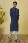 Buy_Priyanka Haralalka_Blue Roman Silk Hand Embroidered French Knot Thread Work Yoke Kurta Set _Online_at_Aza_Fashions