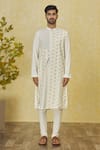 Priyanka Haralalka_Ivory Cotton, Kota Doria Embroidery Asymmetric Panelled Kurta Set _Online_at_Aza_Fashions