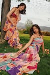 Shop_Babita Malkani_Peach Georgette Printed Floral Tube Neck Draped Dress_Online_at_Aza_Fashions