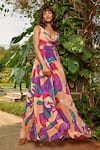 Buy_Babita Malkani_Peach Organza Printed Floral Cowl Neck Maxi Dress With Belt _at_Aza_Fashions