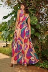 Babita Malkani_Peach Organza Printed Floral Cowl Neck Maxi Dress With Belt _Online_at_Aza_Fashions