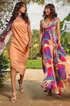 Buy_Babita Malkani_Peach Organza Printed Floral Cowl Neck Maxi Dress With Belt _Online_at_Aza_Fashions