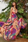 Shop_Babita Malkani_Peach Organza Printed Floral Cowl Neck Maxi Dress With Belt _Online_at_Aza_Fashions