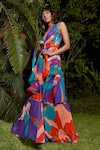 Buy_Babita Malkani_Purple Organza Printed Floral Deep V Neck Asymmetric Maxi Dress_at_Aza_Fashions