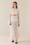 Buy_TheRealB_White Viscose Lace Embroidered Floral High Collar Top And Skirt Set _at_Aza_Fashions