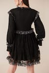 Shop_TheRealB_Black Viscose Lace Embroidered Floral Tie-up Neck Work Short Dress_at_Aza_Fashions
