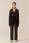 TheRealB_Black Viscose Lace Embroidered Floral V Neck Work Top And Pant Set _at_Aza_Fashions