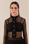 TheRealB_Black Viscose Lace Embroidered Polka Dots Ruffled Neck Top _at_Aza_Fashions