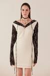 Buy_TheRealB_Cream Viscose Lace Embroidered Floral V Neck Dress _Online_at_Aza_Fashions