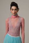 TheRealB_Pink Viscose Lace Embroidered Chevron High Collar Top And Skirt Set _at_Aza_Fashions