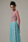 Buy_TheRealB_Pink Viscose Lace Embroidered Chevron High Collar Top And Skirt Set 