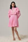 Buy_TheRealB_Pink Georgette Solid High Collar Ruffle Double-layered Dress _at_Aza_Fashions