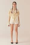 Buy_TheRealB_Gold Top Viscose Lace Embroidered Floral High Collar And Shorts Set _at_Aza_Fashions