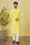 Shop_Priyanka Haralalka_Yellow Brocade, Silk Sequins Embroidered Bundi Kurta Set _Online_at_Aza_Fashions