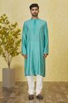 Priyanka Haralalka_Blue Cotton, Kota Doria, Silk Embroidery, Beads Aqua Bundi Kurta Set _Online_at_Aza_Fashions