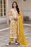 Buy_KARAJ JAIPUR_Yellow Kurta And Pant Cotton Printed Floral V Neck Set _at_Aza_Fashions