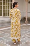 Shop_KARAJ JAIPUR_Yellow Kurta And Pant Cotton Printed Floral V Neck Set _at_Aza_Fashions