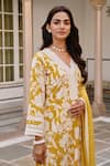 Buy_KARAJ JAIPUR_Yellow Kurta And Pant Cotton Printed Floral V Neck Set _Online_at_Aza_Fashions