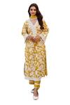 Shop_KARAJ JAIPUR_Yellow Kurta And Pant Cotton Printed Floral V Neck Set _Online_at_Aza_Fashions