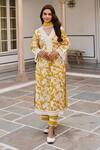 KARAJ JAIPUR_Yellow Kurta And Pant Cotton Printed Floral V Neck Set _at_Aza_Fashions