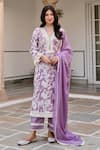 Shop_KARAJ JAIPUR_Purple Kurta And Pant Cotton Printed Floral V Neck Set _Online_at_Aza_Fashions