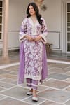 Shop_KARAJ JAIPUR_Purple Kurta And Pant Cotton Printed Floral V Neck Set 