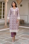 Buy_KARAJ JAIPUR_Purple Kurta And Pant Cotton Printed Ikat Notched Set _Online_at_Aza_Fashions