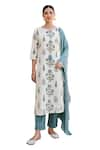 Buy_KARAJ JAIPUR_Blue Kurta And Pant Cotton Printed Floral Butta Keyhole Set_Online_at_Aza_Fashions