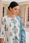 KARAJ JAIPUR_Blue Kurta And Pant Cotton Printed Floral Butta Keyhole Set_at_Aza_Fashions