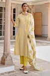 Buy_KARAJ JAIPUR_Yellow Kurta And Pant Cotton Embroidery Leheriya Round Neck Pattern Set_at_Aza_Fashions