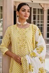 Shop_KARAJ JAIPUR_Yellow Kurta And Pant Cotton Embroidery Leheriya Round Neck Pattern Set_Online_at_Aza_Fashions