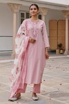 KARAJ JAIPUR_Pink Kurta And Pant Cotton Embroidery Leheriya Round Neck Pattern Set_Online_at_Aza_Fashions