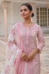 Shop_KARAJ JAIPUR_Pink Kurta And Pant Cotton Embroidery Leheriya Round Neck Pattern Set_Online_at_Aza_Fashions