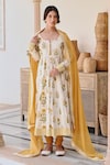 Buy_KARAJ JAIPUR_Yellow Anarkali And Pant Cotton Printed Floral Butta Round Neck Flower Set_at_Aza_Fashions