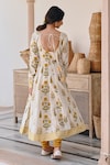 Shop_KARAJ JAIPUR_Yellow Anarkali And Pant Cotton Printed Floral Butta Round Neck Flower Set_at_Aza_Fashions