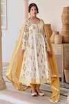 Shop_KARAJ JAIPUR_Yellow Anarkali And Pant Cotton Printed Floral Butta Round Neck Flower Set_Online_at_Aza_Fashions