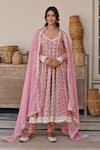 KARAJ JAIPUR_Pink Anarkali And Pant Cotton Printed Lotus Notched Set_Online_at_Aza_Fashions