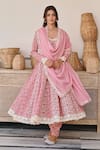 KARAJ JAIPUR_Pink Anarkali And Pant Cotton Printed Lotus Notched Set_at_Aza_Fashions