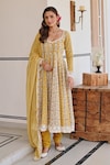 Buy_KARAJ JAIPUR_Yellow Anarkali And Pant Cotton Printed Lotus Notched Set_at_Aza_Fashions