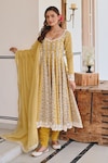 Buy_KARAJ JAIPUR_Yellow Anarkali And Pant Cotton Printed Lotus Notched Set_Online_at_Aza_Fashions