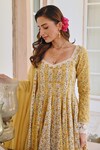 Shop_KARAJ JAIPUR_Yellow Anarkali And Pant Cotton Printed Lotus Notched Set_Online_at_Aza_Fashions